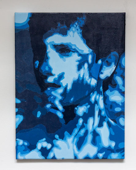 Blue-toned portrait painting of a person in various shades of blue.