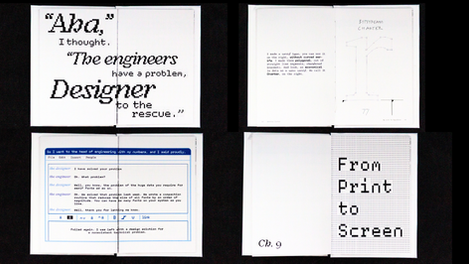 Book pages with text: 'designer to the rescue' and 'Ch. 9'