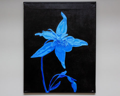 Vibrant blue columbine flower painting against a dark black background.
