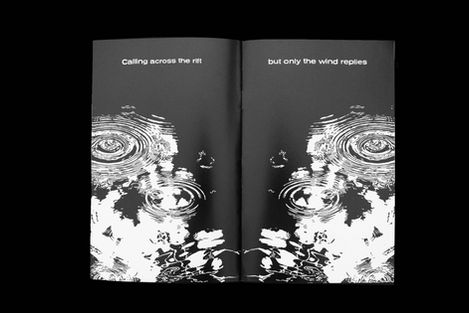 Book spread: 'calling across the rift', 'but only the wind replies' and water ripples.