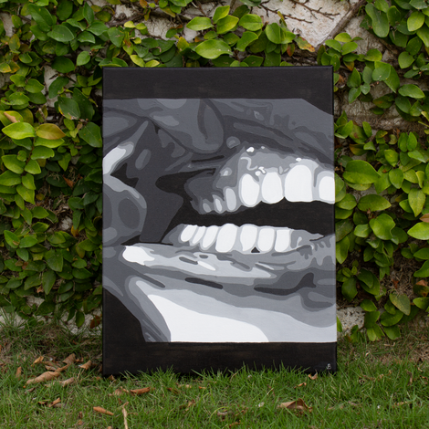 Grayscale art print of open mouth with teeth