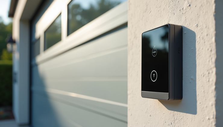 Eye-level view of a modern garage door with a smart controller device mounted nearby