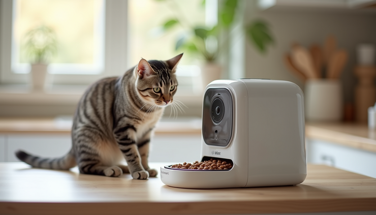 Eye-level view of a smart cat feeder with a built-in camera on a kitchen counter