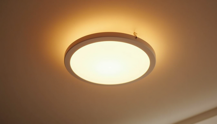 Close-up view of Philips Hue Datura Smart Ceiling Panel Small Round mounted on a white ceiling