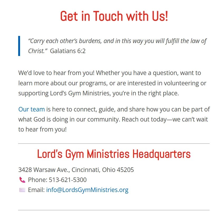 Lord's Gym original contact page