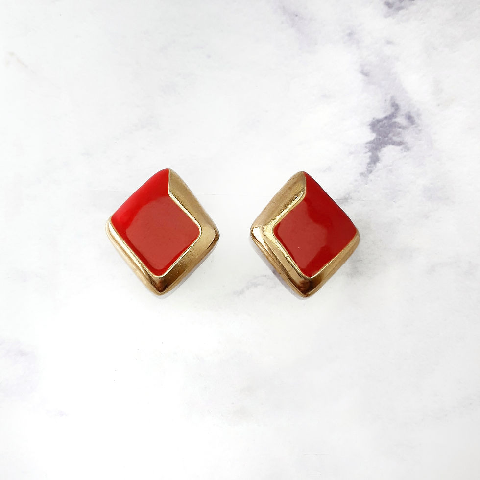 1960s Goldtone Diamond-Shaped Red Enamel Clip Earrings