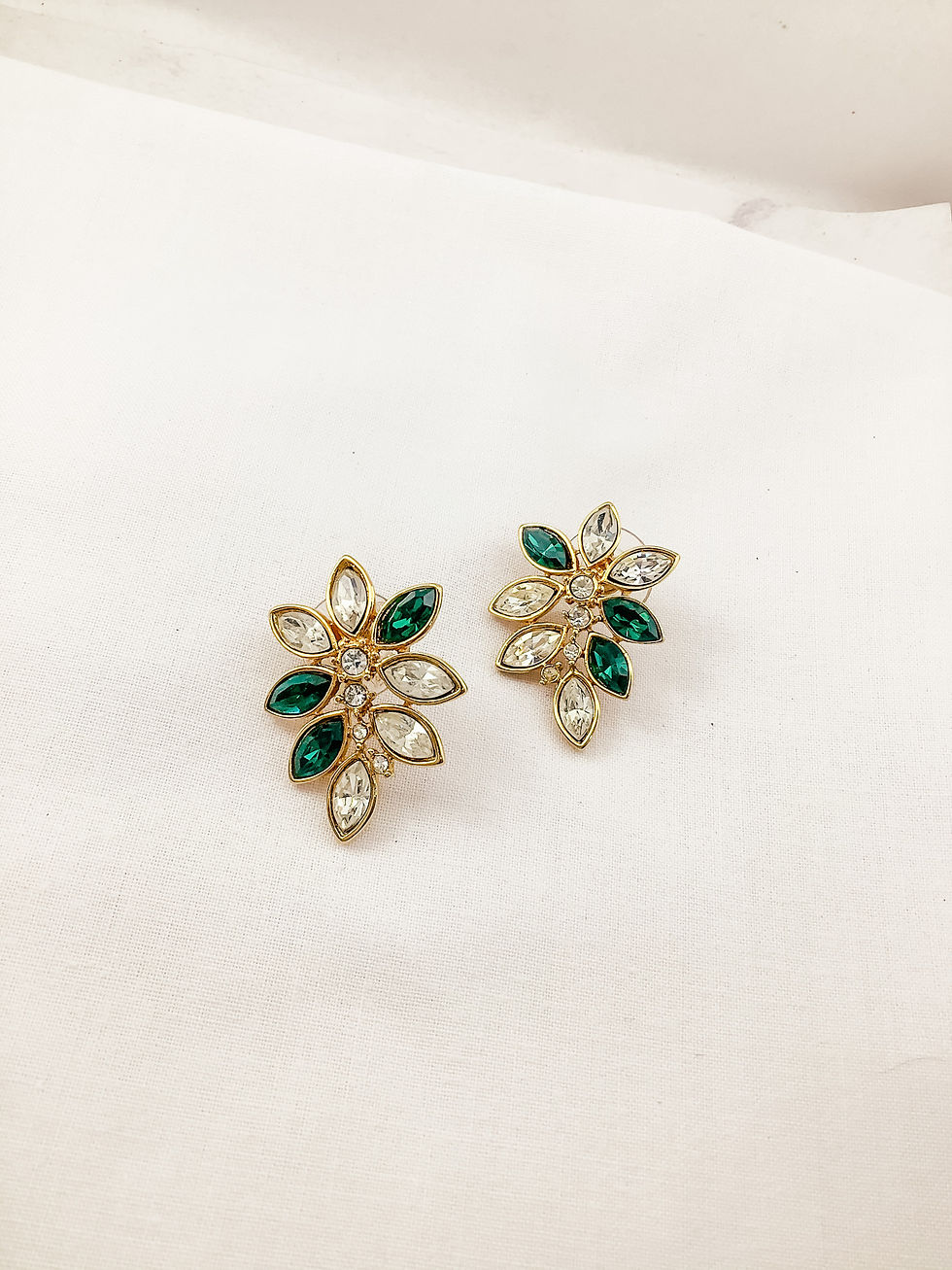 Monet Faux Emerald Clear Marquise Austrian Crystal Goldtone Clip Earrings