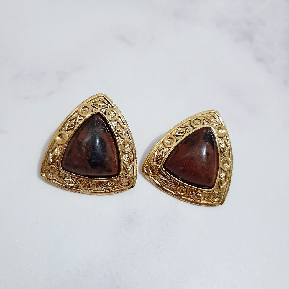 Goldtone Triangular Clip-on Earrings with Mahogany Obsidian Stone