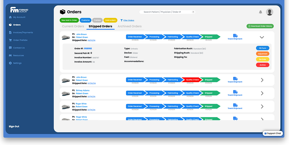 Doctor portal shipped orders section