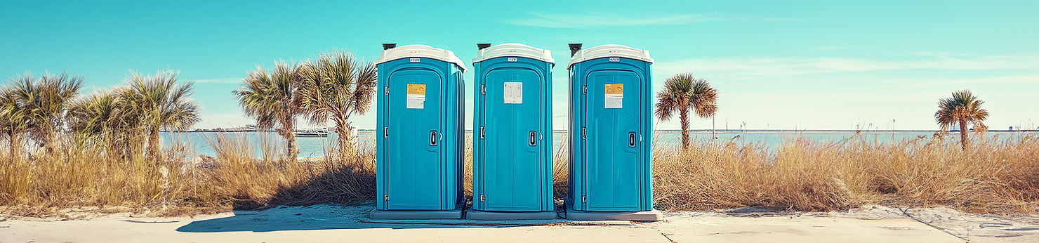 Porta potties on the beach with Johnny Hats installed on top.