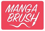 Official MangaBrush logo with bold lettering promoting manga brushes for Procreate, Photoshop, and Clip Studio Paint
