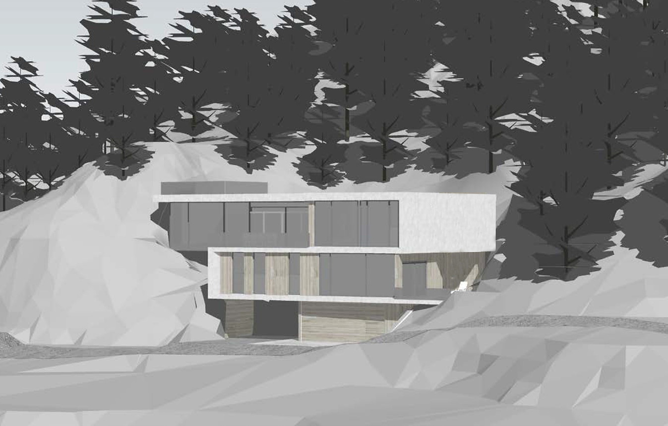 Fasade vest Tomannsbolig Arkitekttegnet Design Ekslusive materialer Jeløy Dobbeltgarasje Balkong Sedertre