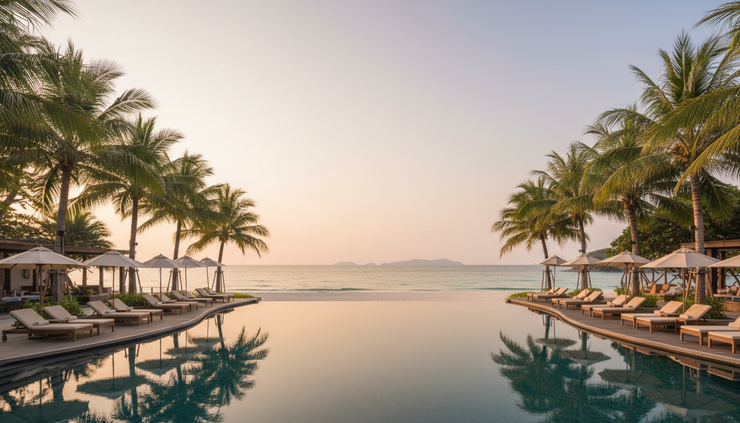 Wide-angle view of a calm Thai beachfront resort at sunrise.