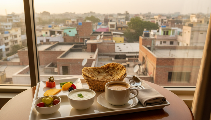 Close-up view of a neatly prepared hotel breakfast tray beside a window overlooking Delhi rooftops