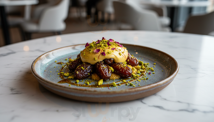 Close-up of an Emirati and Indian inspired dessert on a ceramic plate.