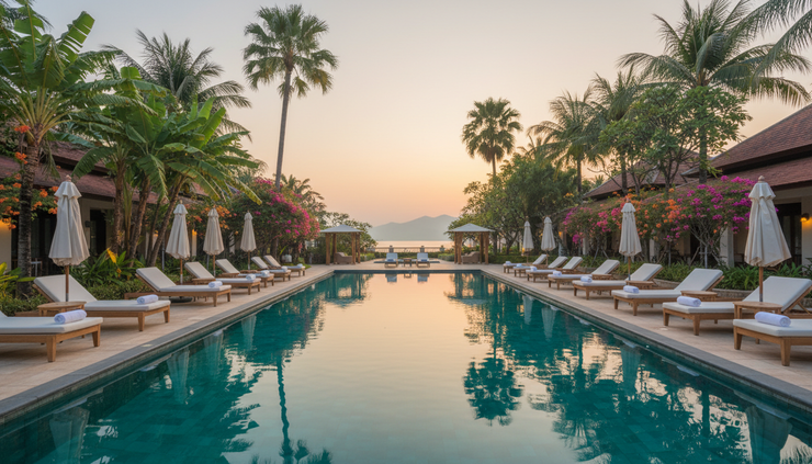 Wide-angle view of a calm resort swimming pool surrounded by tropical plants