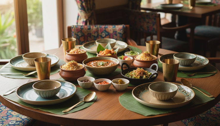 Eye-level view of a restaurant table in India set with regional dishes and handcrafted ceramic plates