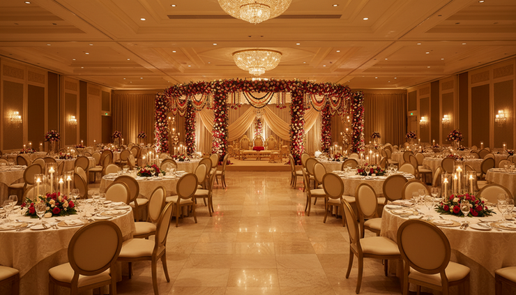 Wide-angle view of a decorated hotel banquet hall prepared for an Indian wedding ceremony