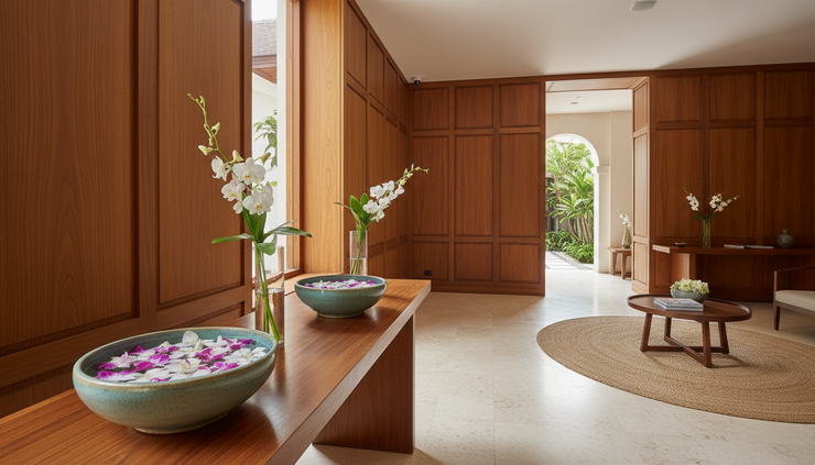 Eye-level view of a boutique hotel reception area with warm local materials.