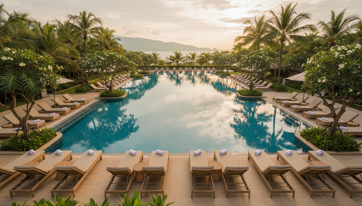High-angle view of a serene resort pool surrounded by tropical plants and lounge chairs