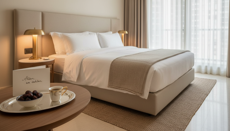 Eye-level view of a boutique hotel room with a handwritten welcome card.