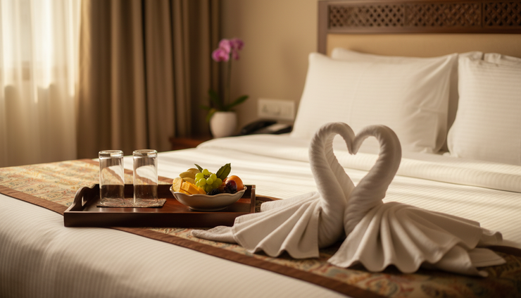 Close-up view of a neatly prepared hotel room with folded linen and a welcome tray