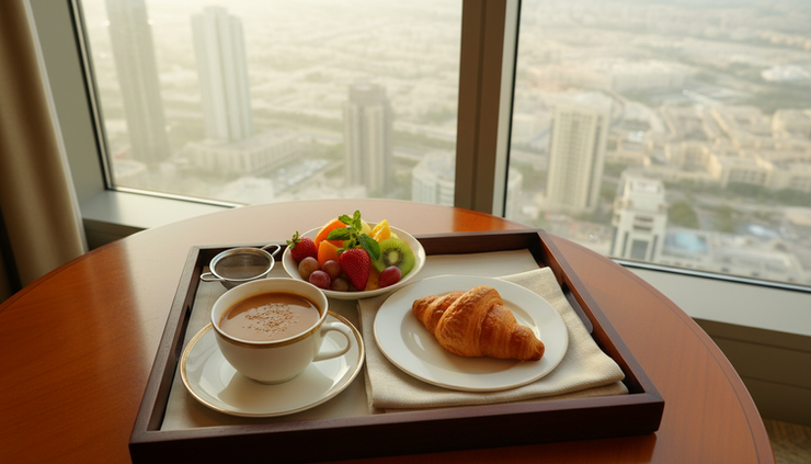 Overhead view of a hotel breakfast tray placed beside a window with Dubai skyline light.