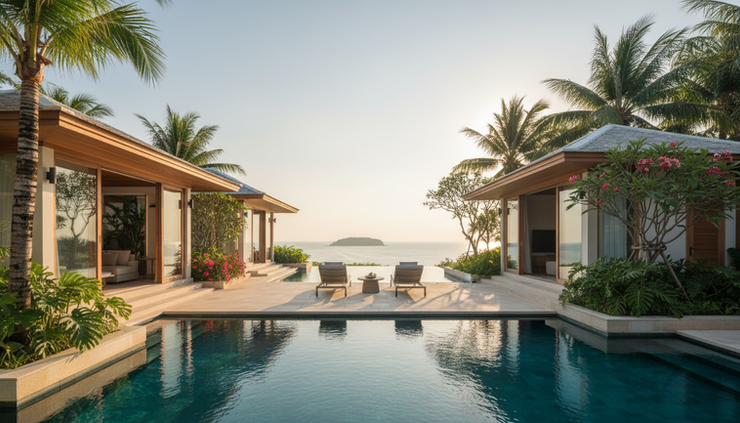 Wide-angle view of a private Thailand villa with a pool and tropical planting.