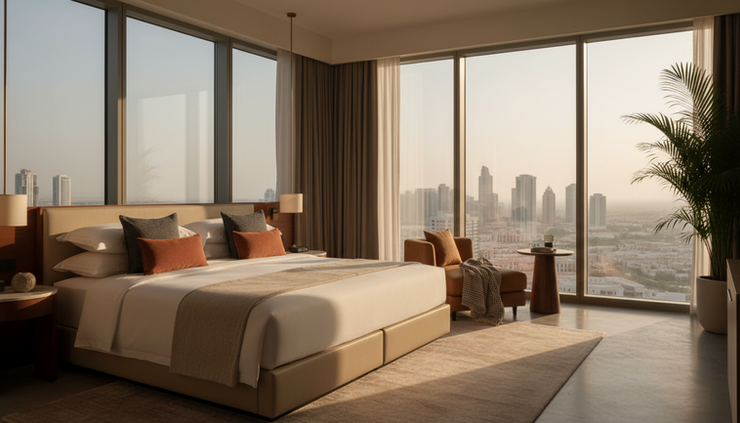 Eye-level view of a calm hotel suite with city light entering through large windows