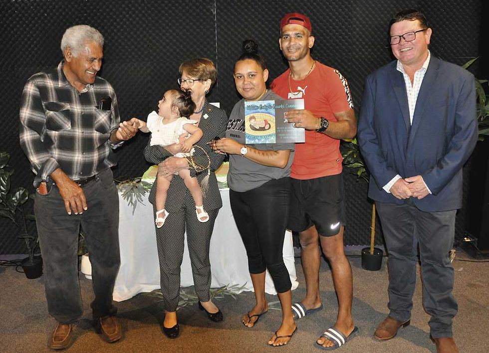 Baby Niklyen Orcher with mum and dad Dimity Edwards and Kyle Morris, Pastor George Mann, Governor Beazley and Bourke Mayor Lachlan Ford. Photo: ian Cole