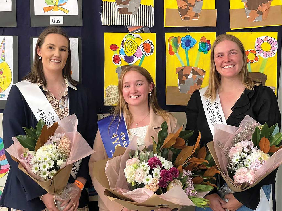 Sophie McGrath (centre) – Walgett Show Society’s Young Woman 2026, pictured with fellow Young Woman candidates Charlotte Lowry and Bella Neville, at the Walgett Show. Photo: Walgett Show Society