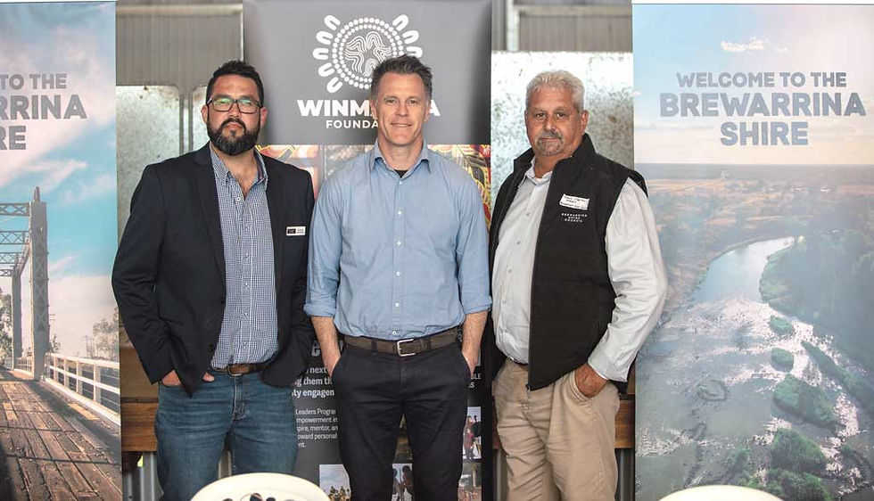 Premier Chris Minns at Yetta Dhinnakkal with Brewarrina Shire Council General Manager David Kirby and Brewarrina Shire Mayor Tom Stanton. Photo: Ian Cole
