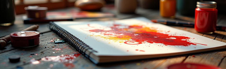 Sketchbook with red and yellow paint, art supplies
