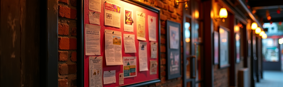 Bulletin board with notices on a brick wall