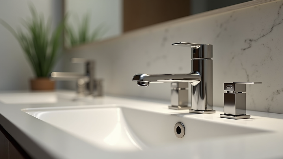 Close-up view of bathroom fixtures including faucet, sink, and countertop