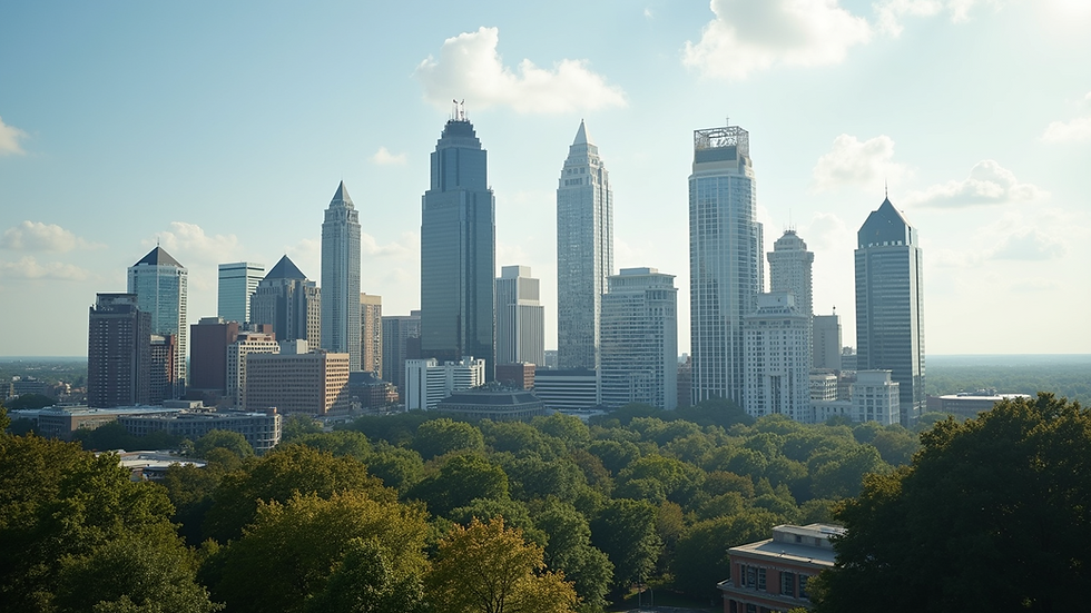 Wide angle view of the Atlanta skyline with modern buildings
