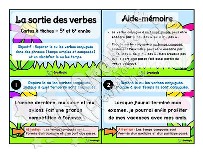Cartes à tâches - La sortie des verbes - Repérer le verbe conjugué dans une phrase - 5e année