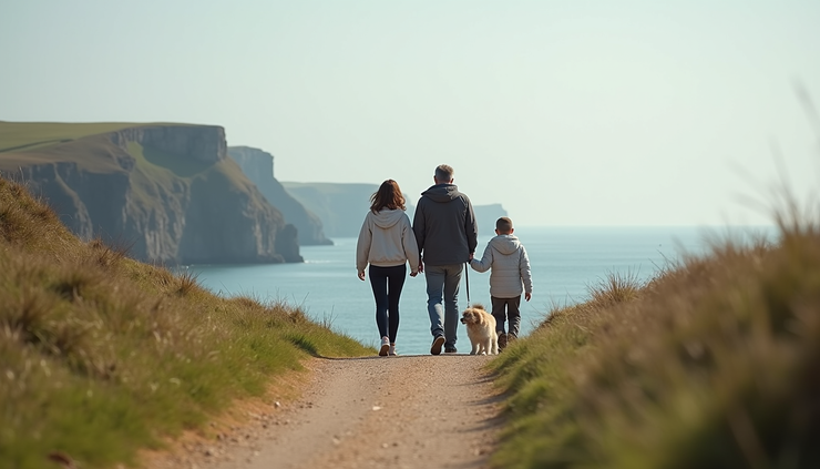 Wide angle view of a family walking their dog on a coastal path near a holiday cottage