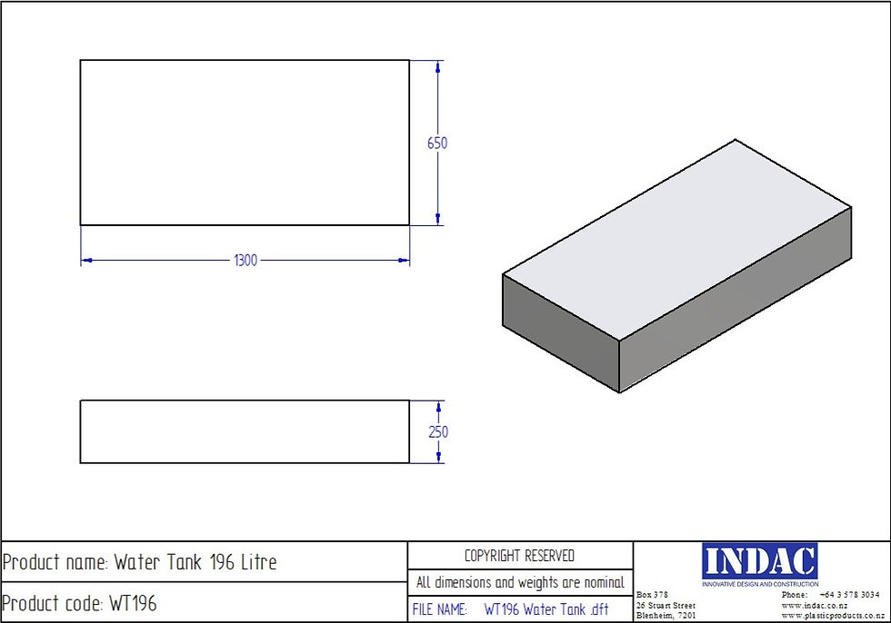 Thumbnail: line drawing of Polyethylene Plastic Storage Tank rectangular 196 Litre