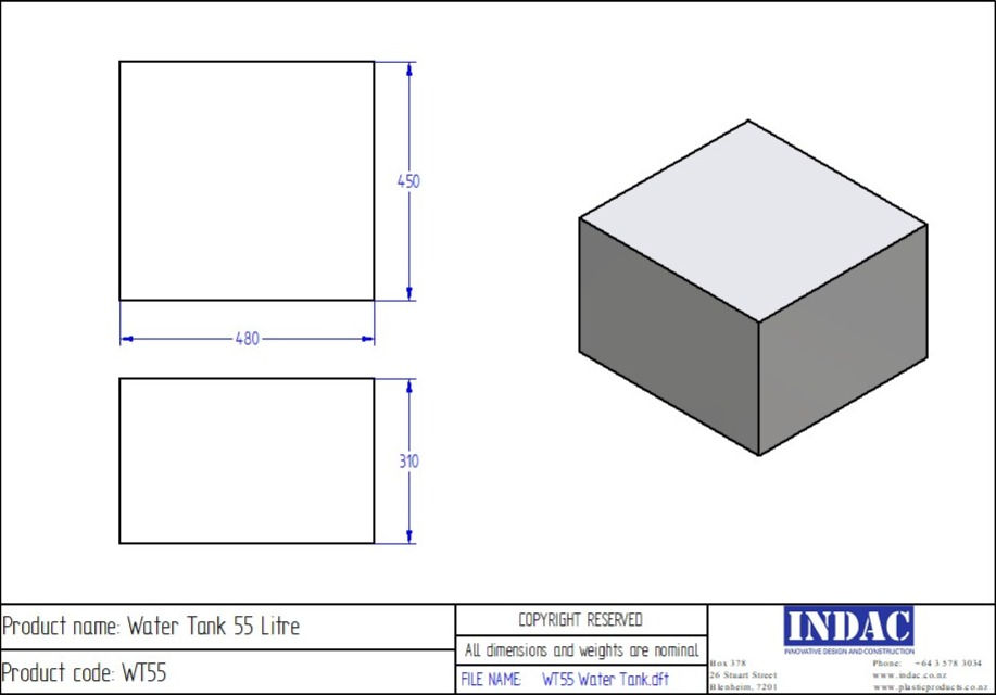 Thumbnail: line drawing of Polyethylene Plastic Storage Tank rectangular 55 Litre
