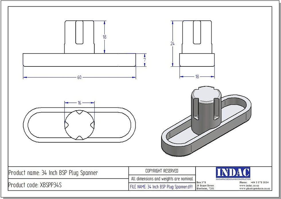 Thumbnail: line drawing of 3/4" BSP Plug Spanner, makes install and removal easy.