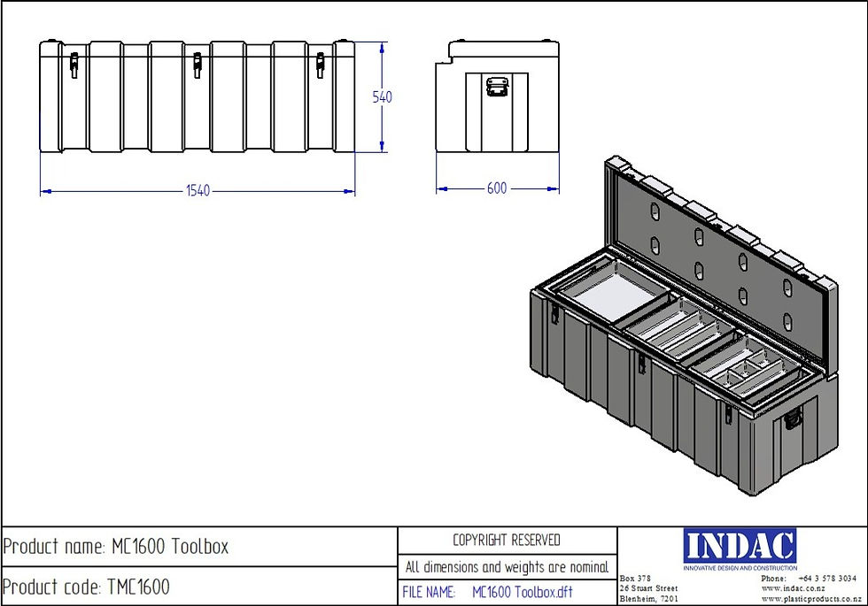 Thumbnail: Line drawing of Indac 1600 Toolbox, Ultra Tough and Sturdy Polyethylene Plastic Toolbox with Stainless Steel Fittings