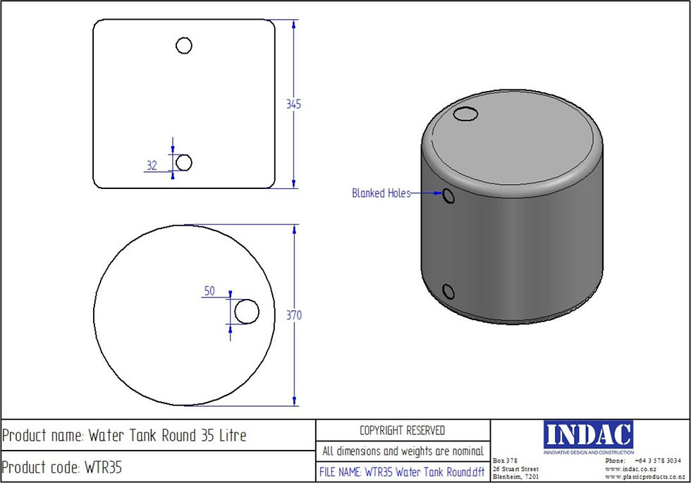Thumbnail: line drawing of polyethylene plastic storage tank round 35 litre