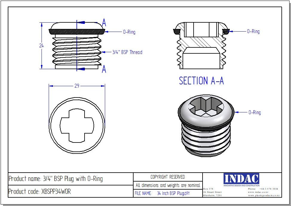 Thumbnail: line drawing of 3/4" BSP Plug with O-Ring, plug a 3/4" BSP threaded hole