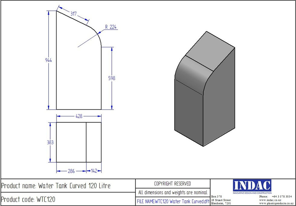 Thumbnail: Line drawing of Polyethylene Plastic Storage Tank Curved 120 Litre