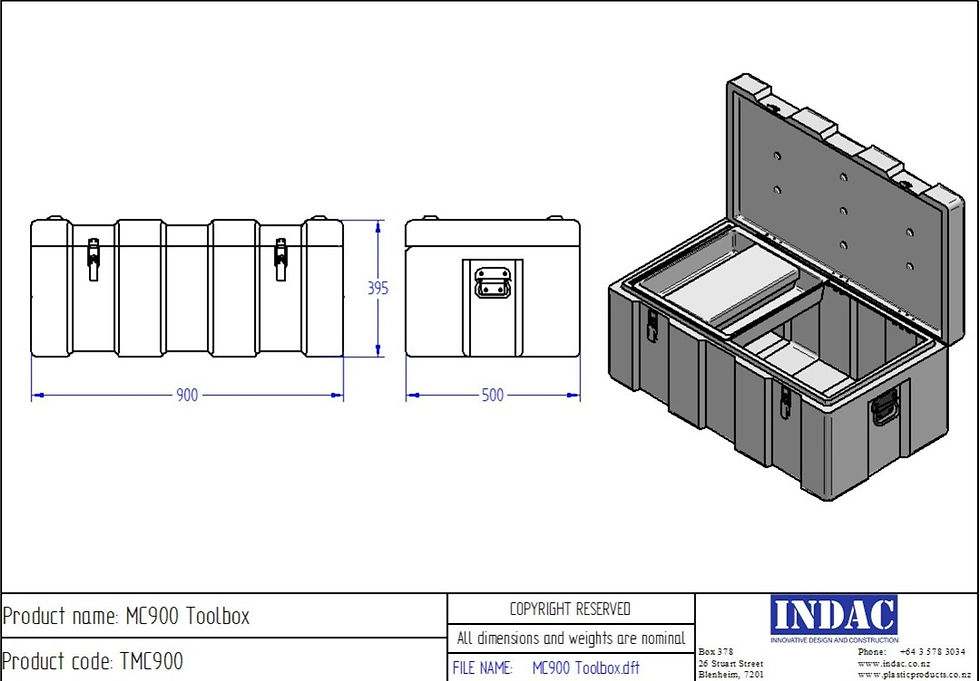 Thumbnail: Line drawing of Indac 900 Toolbox, Ultra Tough and Sturdy Polyethylene Plastic Toolbox with Stainless Steel Fittings