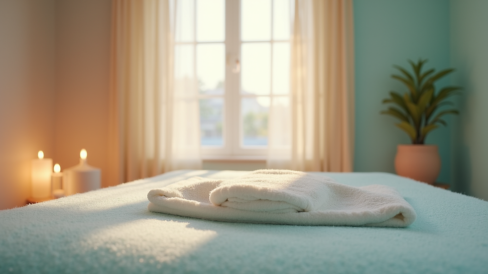 Close-up view of a serene therapy room with calming colors