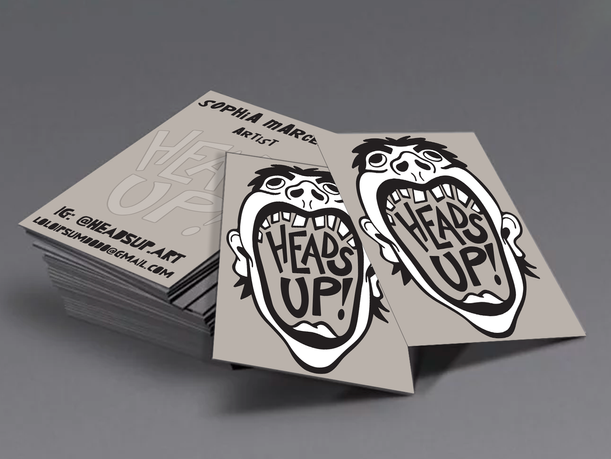 A mockup of business cards for Heads Up!