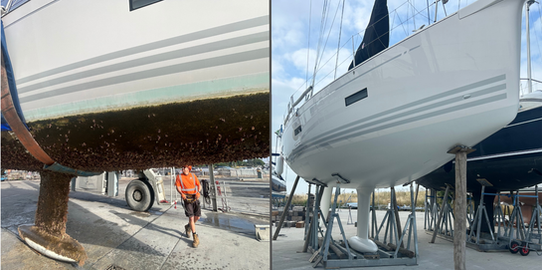 Before and after images of a bottom clean and antifoul paint of a yacht in Hamble done by the JWB Marine team