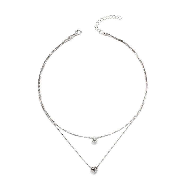 Thumbnail: Simple Double Layer Chain Rhinestone Heart Choker Necklaces for Women Jewelry Gi